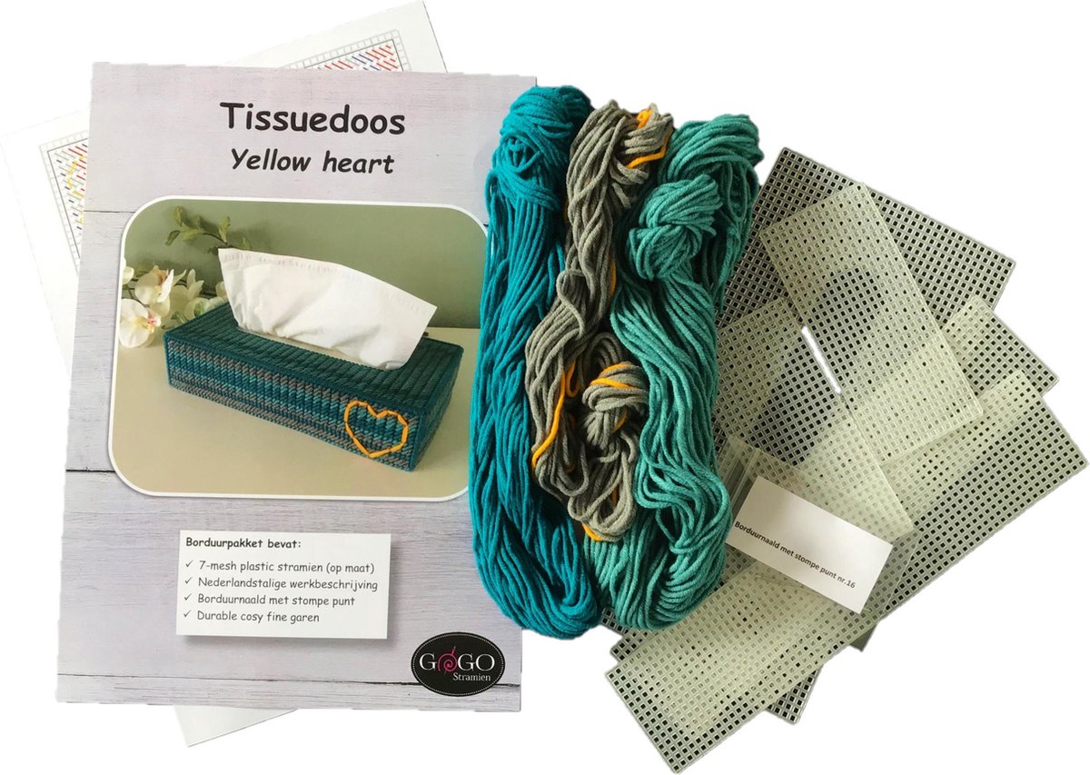Plastic stramien borduurpakket Tissuedoos Yellow heart