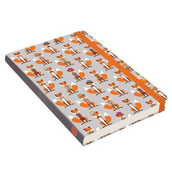 Gesloten notitieboek met vossenpatroon, liggend op een plat oppervlak met elastische sluiting.