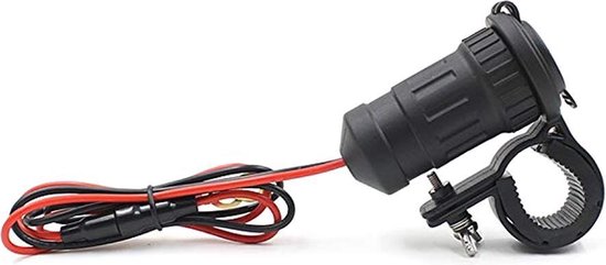 Zwarte motor waterdichte 12V sigaretten aansteker met montagebeugel en rood/zwarte bedrading.