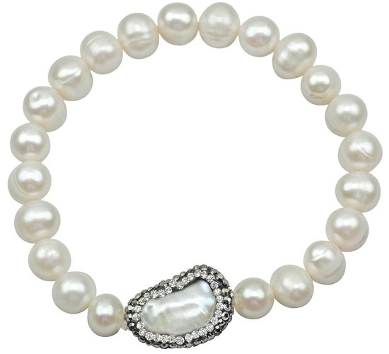 Zoetwater parel armband Bling Biwa Pearl - echte parels - wit - zwart - stras stenen - glitter - elastisch