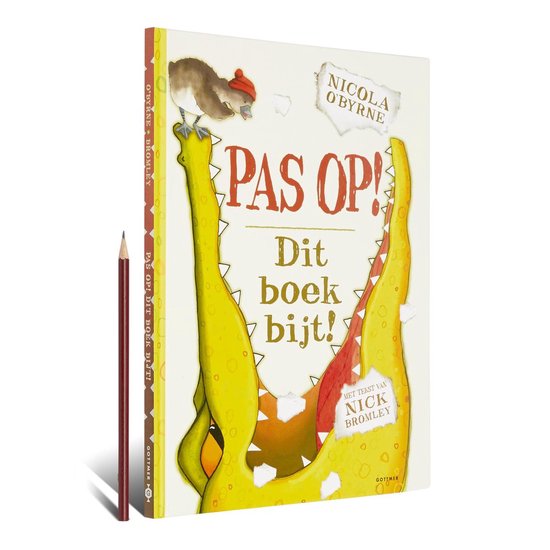 Voorzijde van een kinderboek met de titel 'Pas op! Dit boek bijt!'. Een gele krokodil met zijn bek open met een eendje erop.