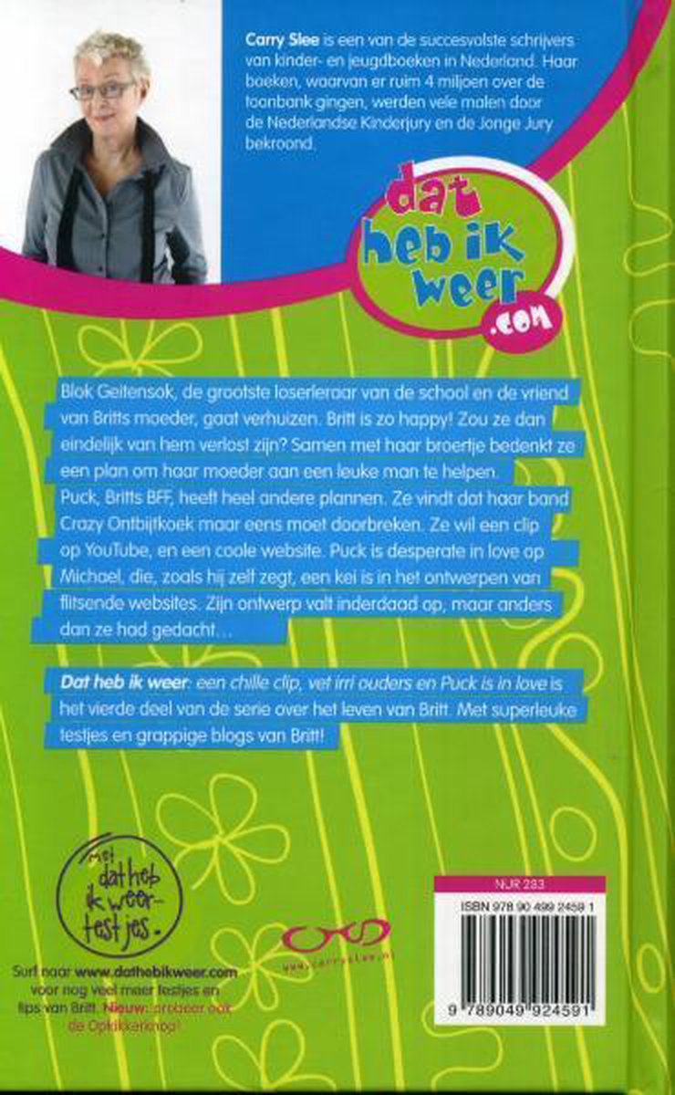 Achterkant boek 'Dat heb ik weer!' met een foto van Carry Slee en tekst over het boek.