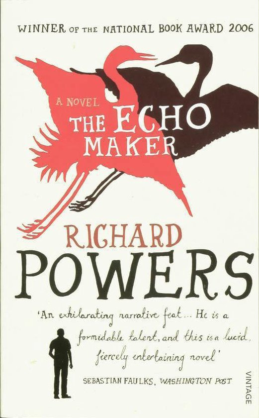 Boek 'The Echo Maker' van Richard Powers, winnaar National Book Award 2006, met silhouet en twee kraanvogels, rood en zwart.