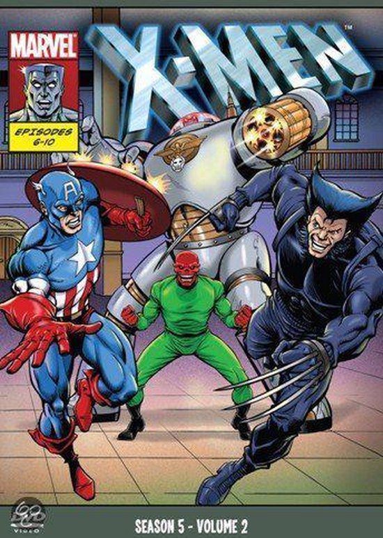 X-Men Seizoen 5 Volume 2 dvd cover met Captain America, Wolverine, Red Skull en een Sentinels robot.