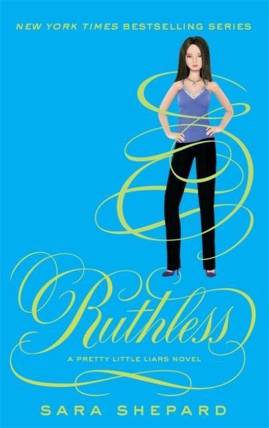 Boekomslag 'Ruthless' van Sara Shepard. Meisje in paarse top en zwarte broek op blauwe achtergrond.