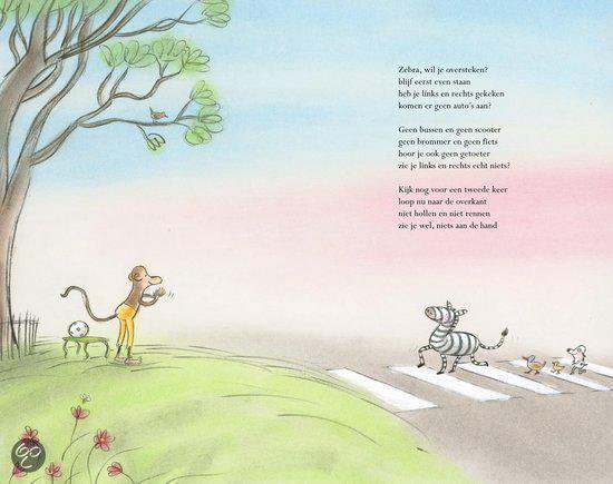 Illustratie uit 'Dierendorpje' van een zebra en kuikens op een zebrapad, met een aapje.