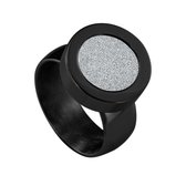 Quiges RVS Schroefsysteem Ring Zwart Glans 16mm met Verwisselbare Glitter Zilver 12mm Mini Munt