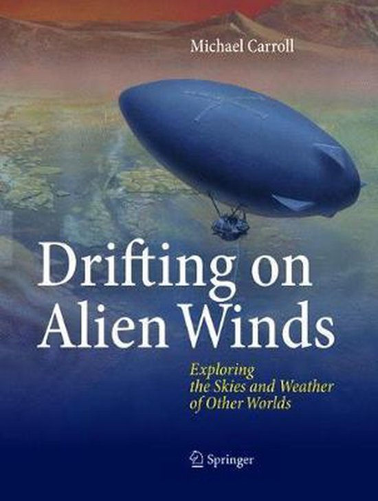 Boekomslag: "Drifting on Alien Winds" met een blauwe luchtschip boven water, onder een oranje lucht.