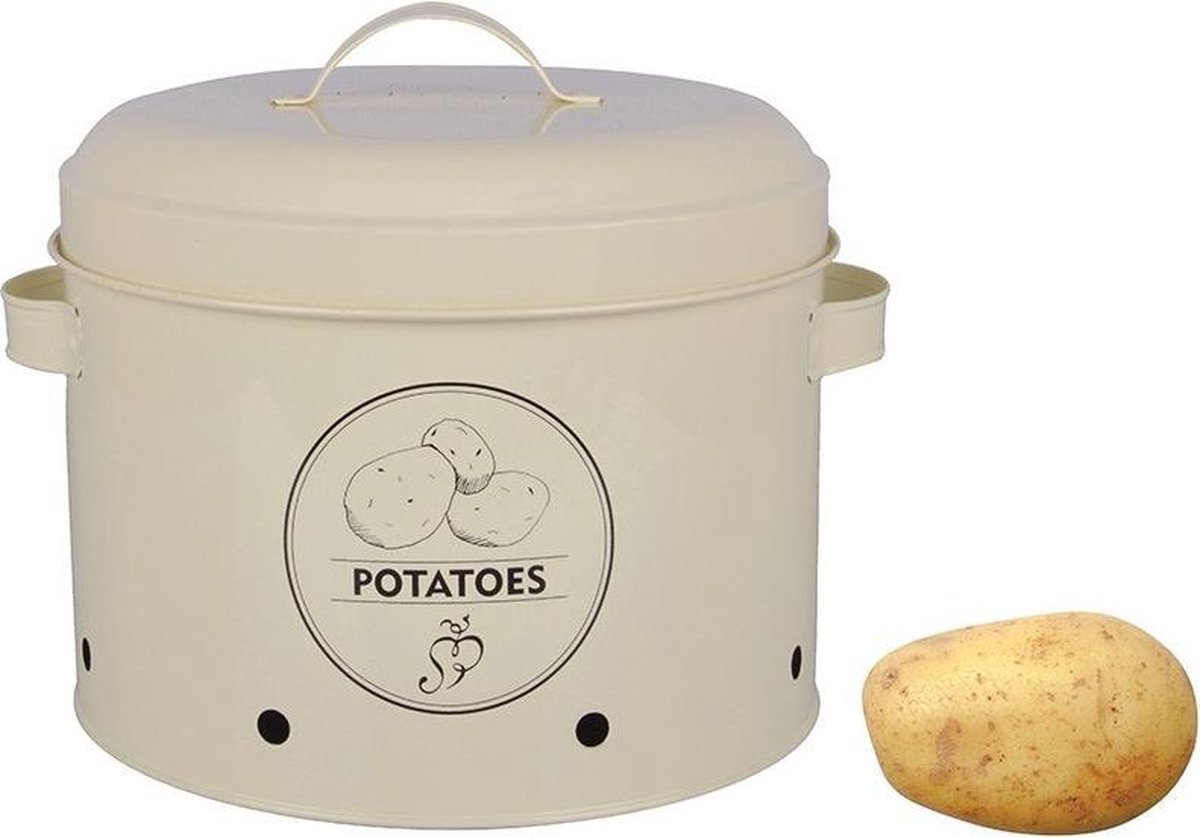 4 authentieke voorraadblikken: uien, knoflook, aardappelen en composter