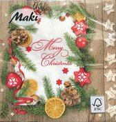 40 Servetten - Maki – Merry Christmas – Tekst/Dennentakken/Dennenappels/Sinaasappels/Kerstballen/Sterren/Hout – Rood/Wit/Groen/Oranje/Bruin - Kerstmis - lunch 33 x 33 cm - 3-laags