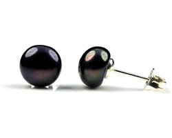 Zoetwater parel oorbellen Blacky's - oorknoppen - echte parels - zwart - sterling zilver (925) - sieraden zakje - parel oorbellen dames - parel oorknopjes