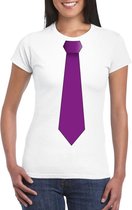 Wit t-shirt met paarse stropdas dames M