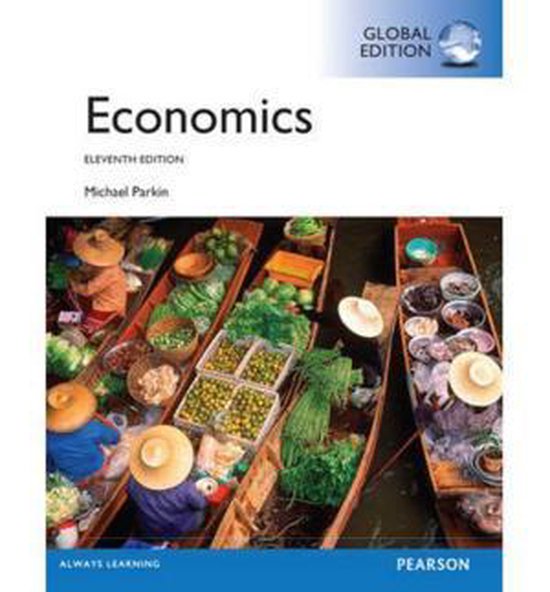 Boek 'Economics, Eleventh Edition' van Michael Parkin, met een afbeelding van een drijvende markt.