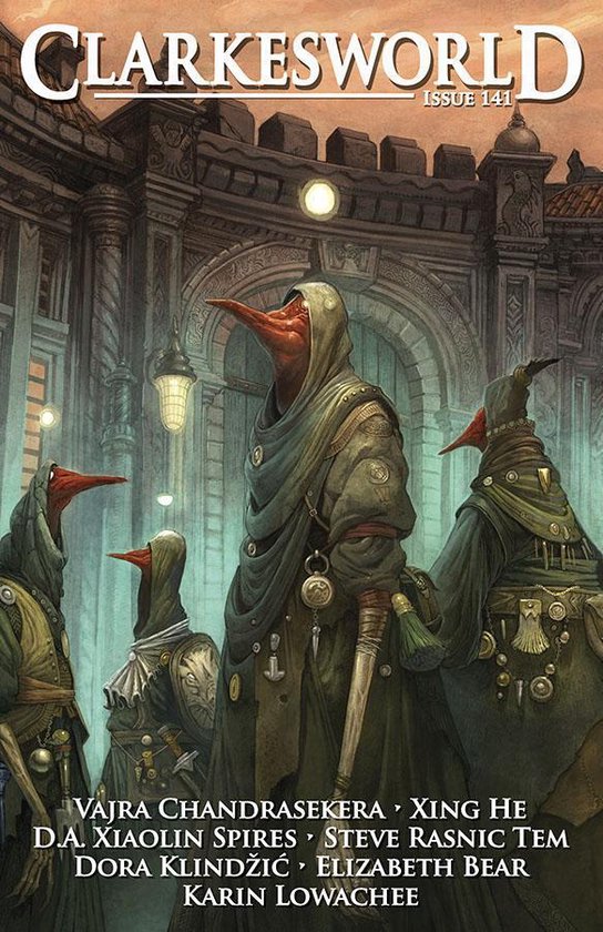 Clarkesworld Magazine Issue 141, met vier figuren in vogelmaskers met lange snavels, gekleed in gewaden.