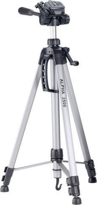 Zilverkleurig ALPHA 2500 statief met zwarte handgreep en camera-aansluiting.