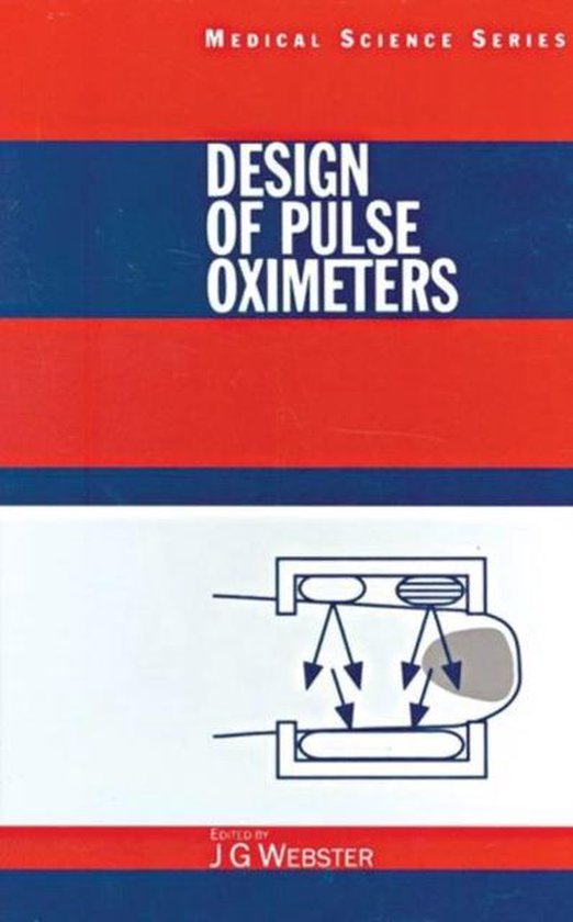 Boek 'Design of Pulse Oximeters', Medical Science Series, bewerkt door J G Webster, met een technische tekening van een pulsoximeter.