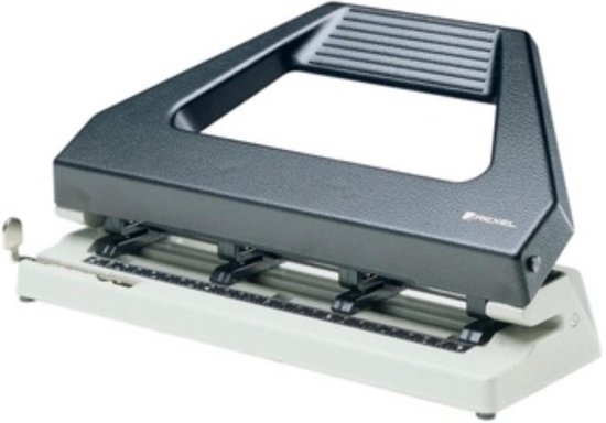 Zwarte Rexel 4-gaats perforator met beige basis, metalen hendel en perforatiearmen, met logo.
