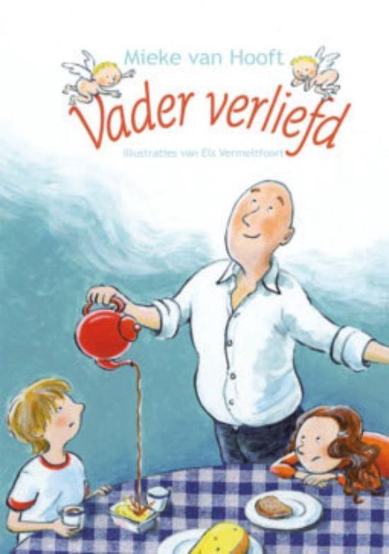 Vader verliefd: een jongen en meisje kijken toe hoe hun vader stroop schenkt.
