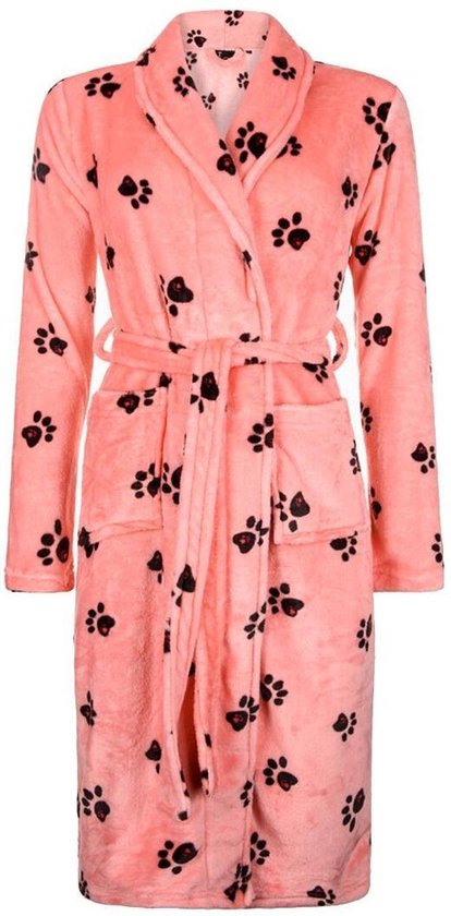 Dames badjas - roze - fleece - met print hondenpootjes - maat S/M | bol.com
