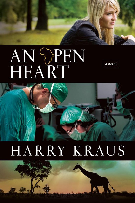 Boekcover 'An Open Heart'. Een blonde vrouw, chirurgen in operatiekamers, en een giraf in de savanne.