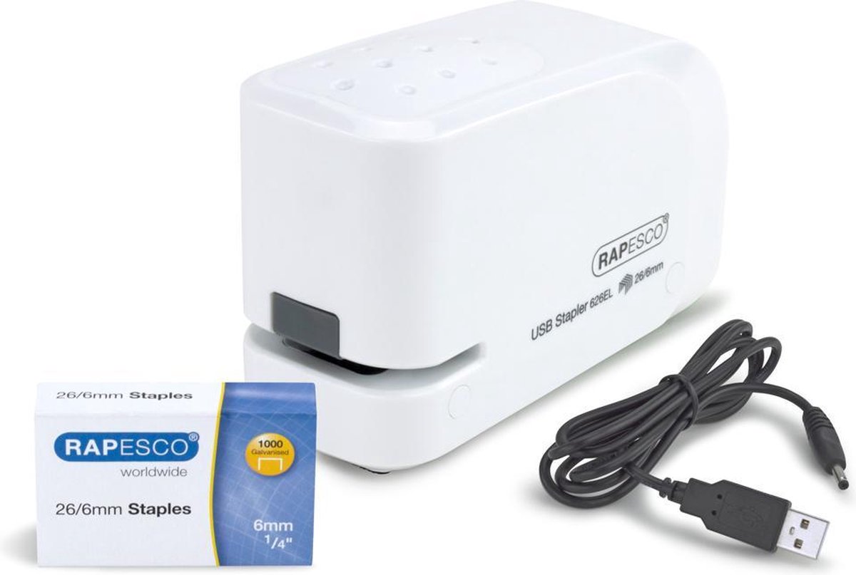Rapesco 626EL Elektrische nietmachine, 26/6, USB/batterij, wit