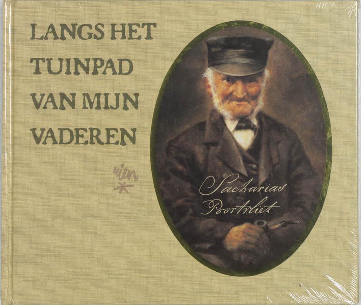 Boek met de titel 'Langs het tuinpad van mijn vaderen', met een portret van een oude man met een pijp en hoed.