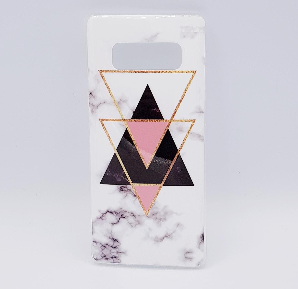 Geschikt voor Samsung Note 8 – White marble triangels black & pink