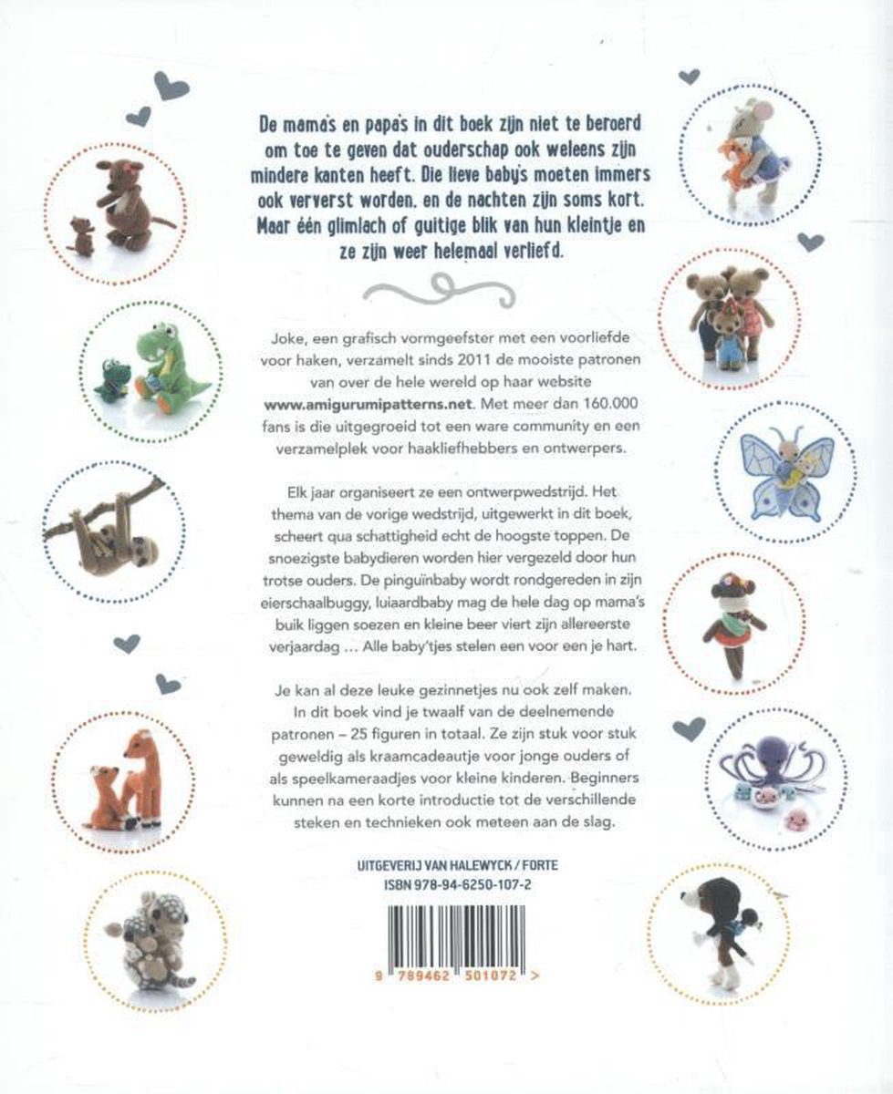 Boekomslag met diverse gehaakte amigurumi dieren, waaronder een vos, dinosaurus, luiaard, pinguïns en hond.