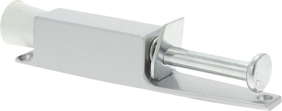 Zilverkleurige deurvastzetter met witte rubberen dop, gemonteerd op een metalen plaat.