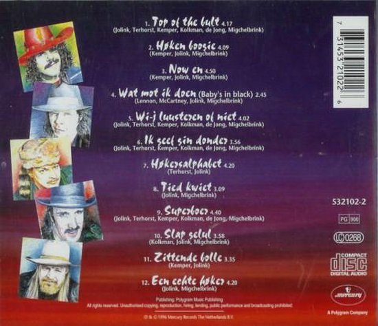 Cd-achterkant met portretten van vier mannen en een lijst met nummers van 'Top of the Bult'.