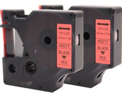 KATRIZ® huismerk label tape voor Dymo 45017 | LabelManager PNP/LabelPoint 150/Protable Labeler PL200/RhinoPRO 5200/6000 | Zwart op Rood | 12mm*7m |  2 stuks