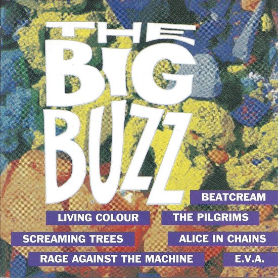 Voorkant CD-hoesje 'The Big Buzz' met bandnamen en kleuren. Paars, geel en groen.