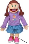 Volledige handpop Amy met bruine vlechten, paarse trui met lieveheersbeestje, blauwe rok.