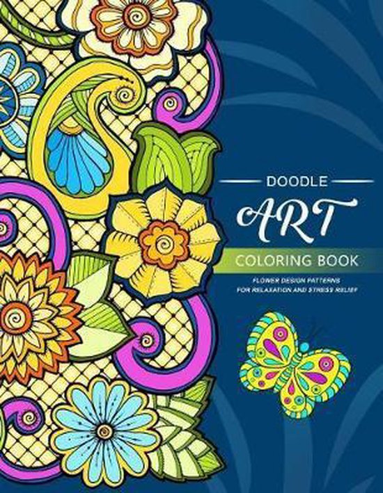 Doodle Art Coloring Book met bloemendessins, vlinder en levendige kleuren.