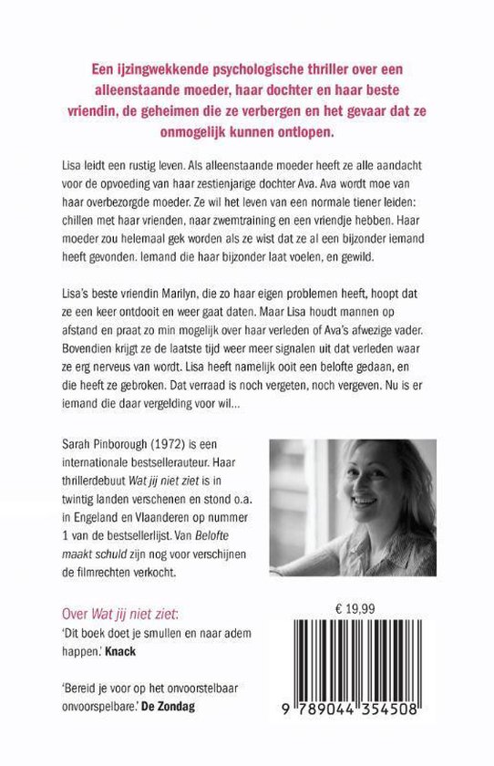 Boekomslag met een foto van Sarah Pinborough en tekst over de psychologische thriller 'Wat jij niet ziet'.