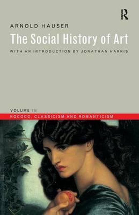 Boekhoes met "The Social History of Art Volume III Rococo, Classicism and Romanticism" door Arnold Hauser. Een schilderij van een vrouw met een perzik.