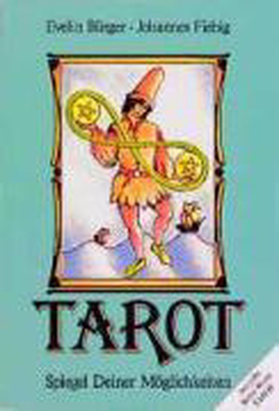 Tarot kaarten met een man in een oranje hoed en tuniek, die het oneindigheidssymbool vasthoudt. De tekst 'TAROT' is onderaan de afbeelding.