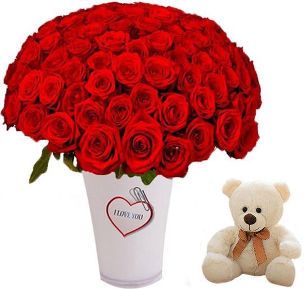 100 rode rozen in witte vaas Love met knuffelbeer wit | bol.com