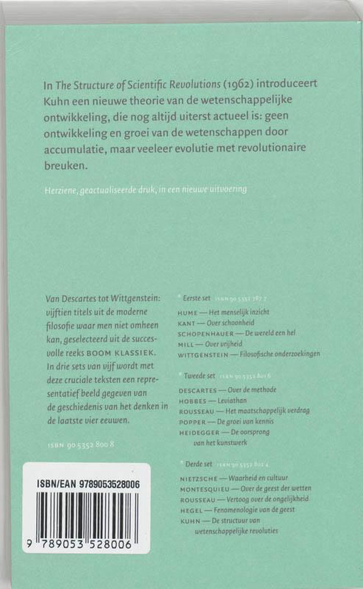 Achterkant van het boek De Structuur van Wetenschappelijke Revoluties, met tekst en ISBN.