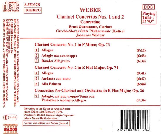 CD hoes met tekst over concerten van Weber door Ernst Ottensamer, met tracklist en speelduur.