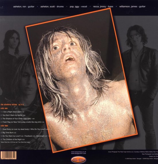 Iggy Pop avec des paillettes sur la tête et le corps, le visage tourné vers le ciel