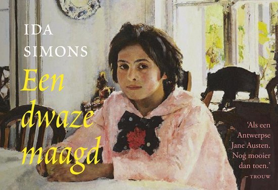 Een meisje in een roze jurk met zwarte strik zit aan tafel. Tekst: 'Een dwaze maagd - Ida Simons'.