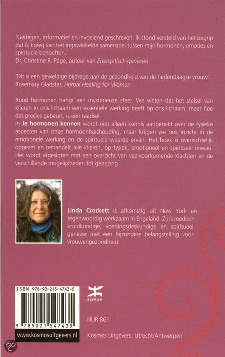 Achterpagina van een boek met citaten, een foto van Linda Crockett en uitgeversinformatie.