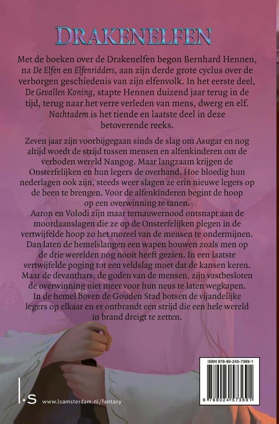 Boekomslag met tekst over de Drakenelfen. Een vrouw met blond haar en elfenoor, die een boek vasthoudt, is afgebeeld.
