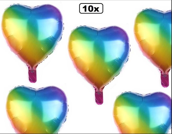 10x Folie ballon Regenboog hart 45cm - folieballon regenboog gay pride festival carnaval valentijn liefde huwelijk ballonnen hartje