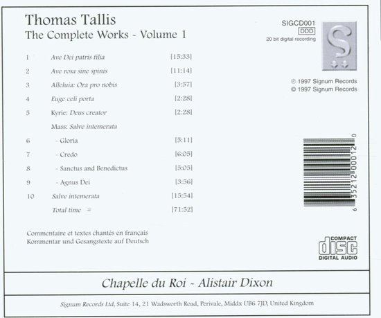 Albumhoes voor Thomas Tallis The Complete Works – Volume 1, met tracklist en 'Chapelle du Roi – Alistair Dixon'.