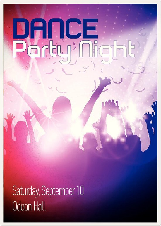 Poster voor 'DANCE Party Night' op zaterdag 10 september in Odeon Hall, met feestende mensen.