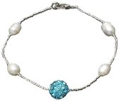Zoetwater parel armband Pearl Stras Ball Aqua - echte parel - wit blauw - zilver - stras steentjes - glitter