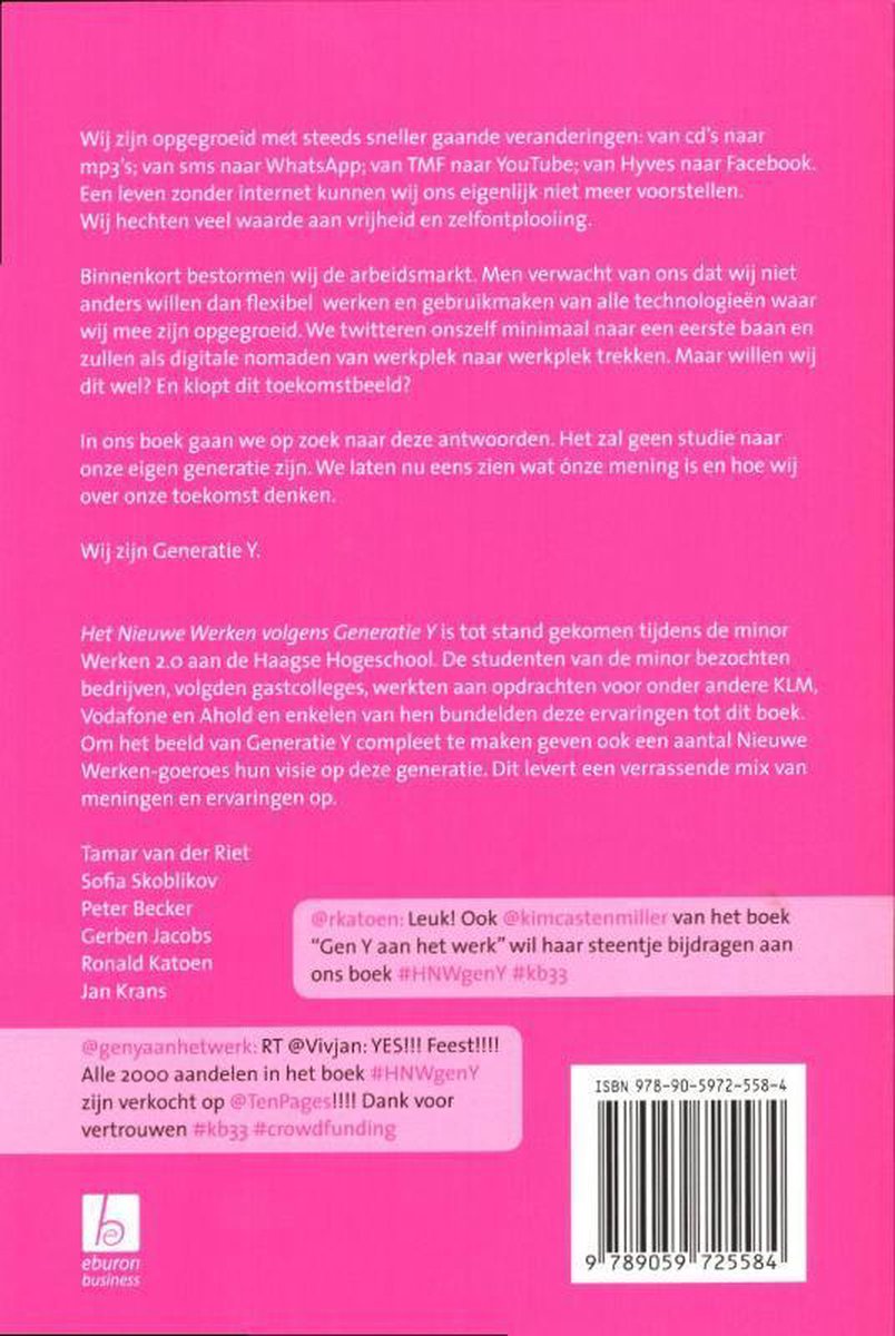 Achterkant van een boek met de titel "Het nieuwe werken volgens generatie Y", met tekst over generatie Y, de auteurs en ISBN.