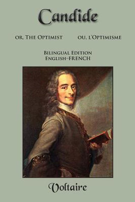 La couverture de "Candide" présente une peinture d'un homme portant une perruque, vêtu d'une veste grise, tenant un livre.